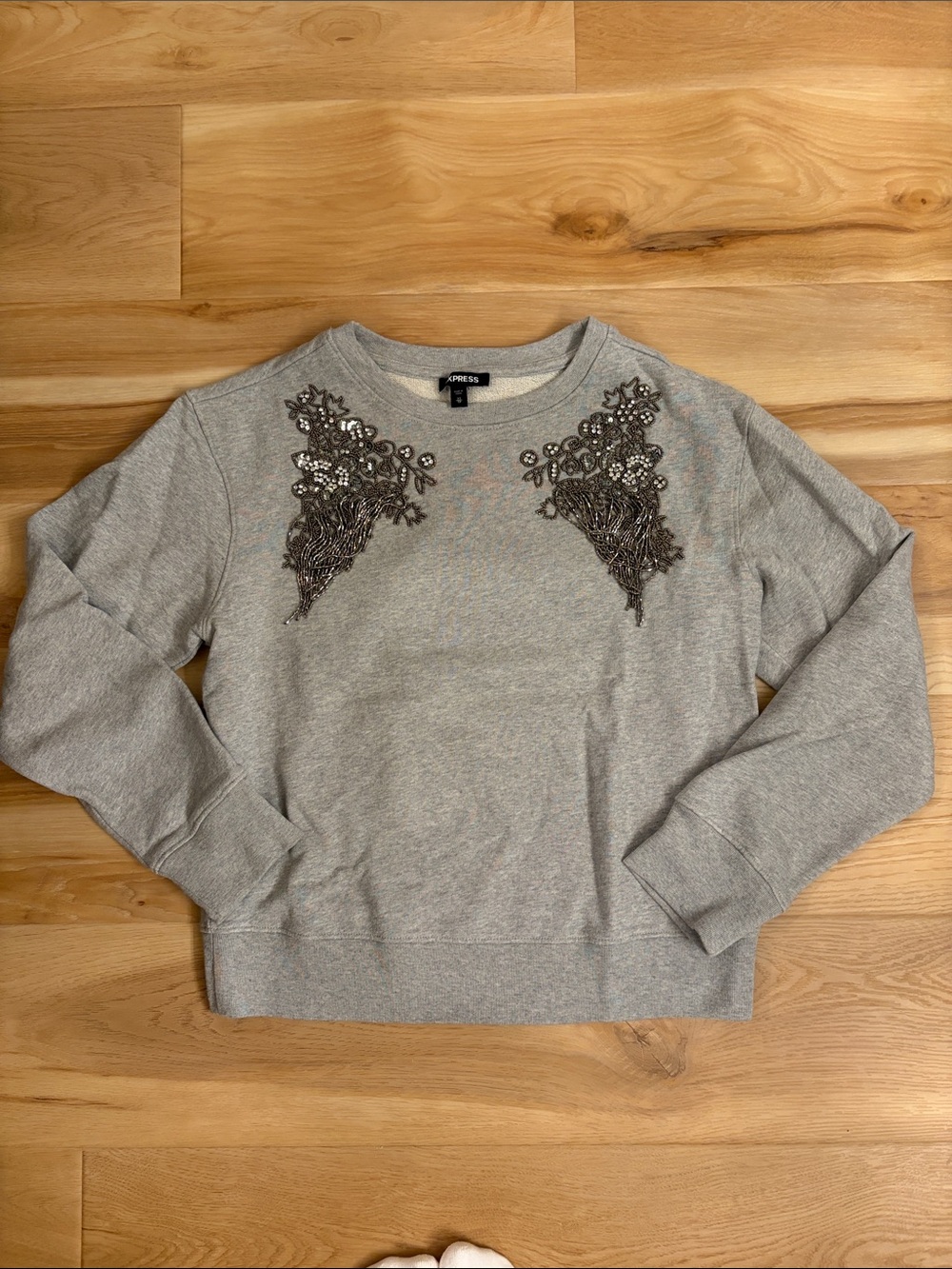 Express Light Gray Crewneck Sweatshirt with Floral Sequin Embellishment
